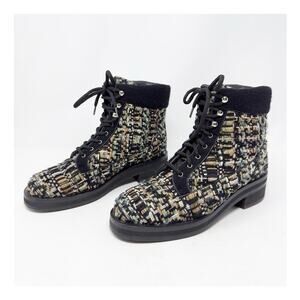Chanel Tweed Lace Up Ankle Boots CC Logo Size 40